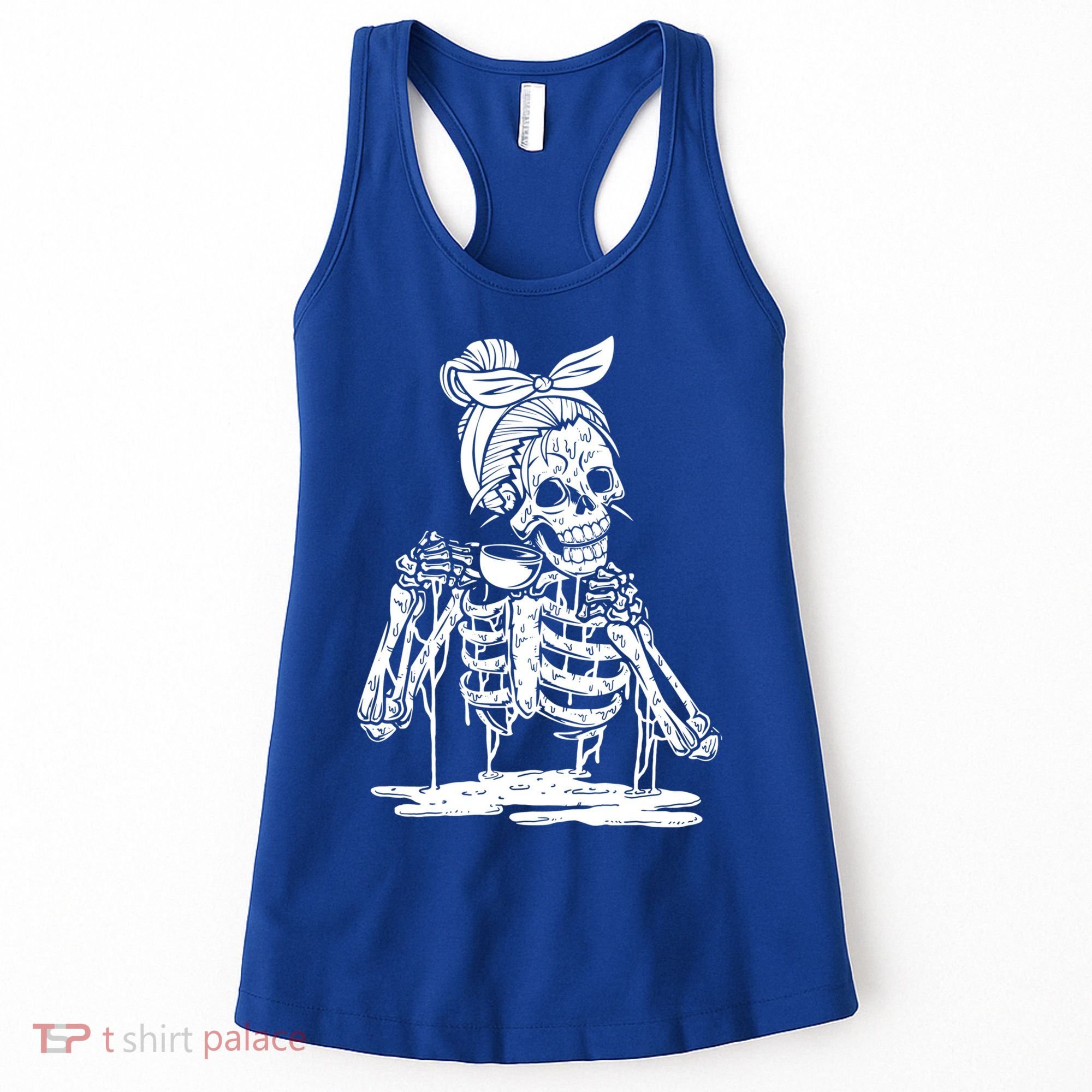 Caffeinated Skeleton Messy Bun Coffee Lover Skull Halloween Gift Women's Tank Top