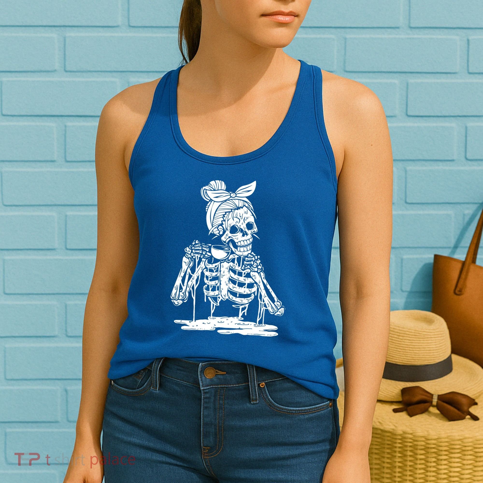 Caffeinated Skeleton Messy Bun Coffee Lover Skull Halloween Gift Women's Tank Top