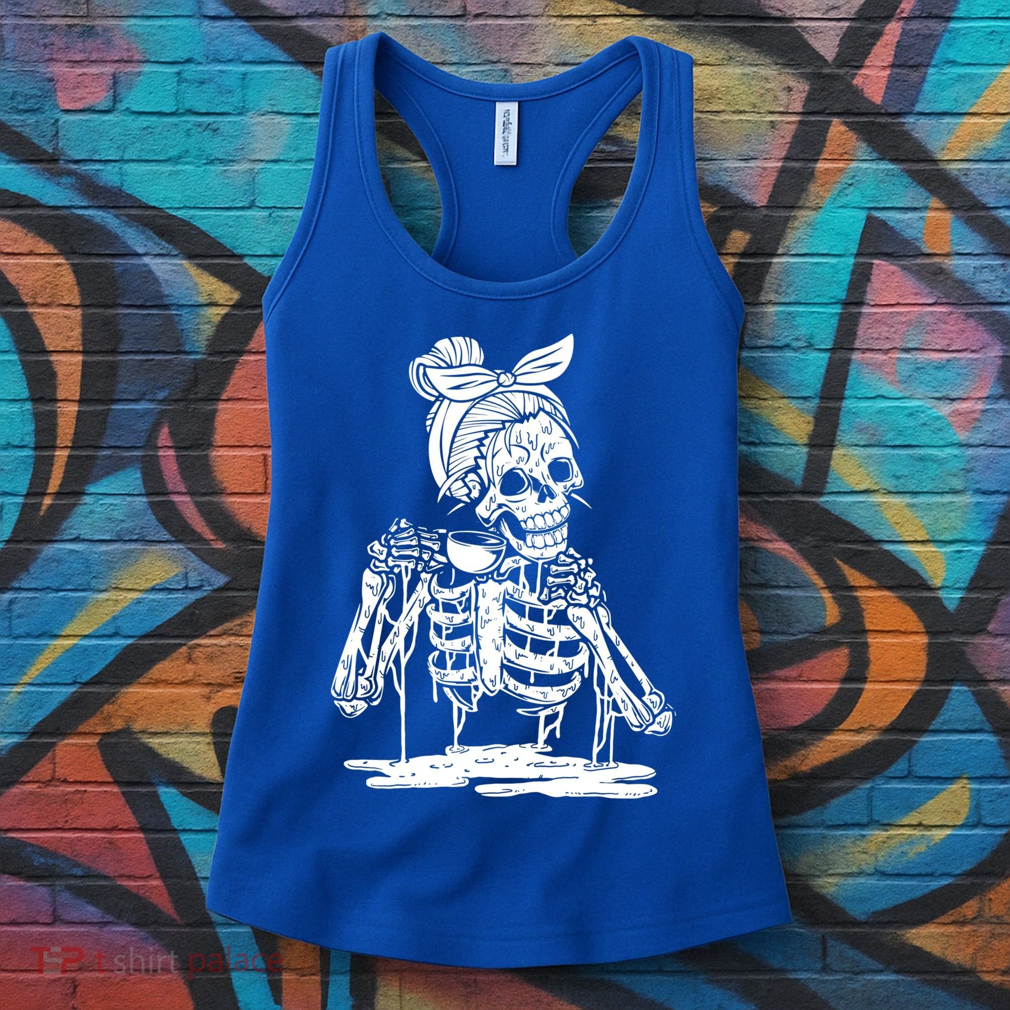 Caffeinated Skeleton Messy Bun Coffee Lover Skull Halloween Gift Women's Tank Top