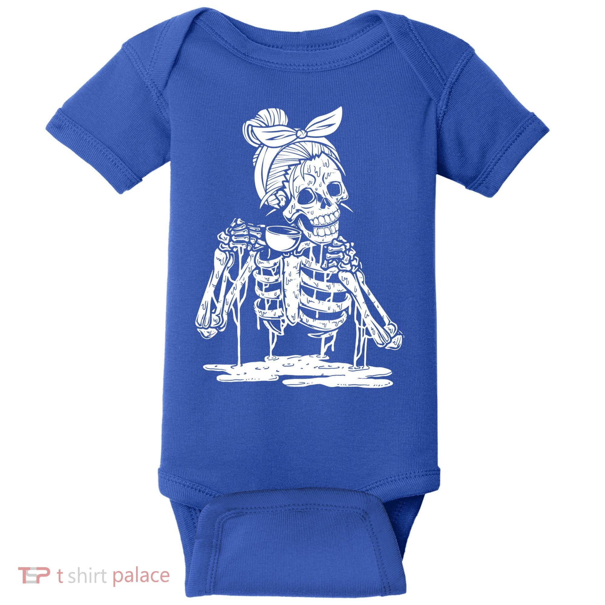 Caffeinated Skeleton Messy Bun Coffee Lover Skull Halloween Gift Baby Bodysuit