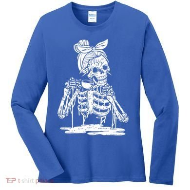 Caffeinated Skeleton Messy Bun Coffee Lover Skull Halloween Gift Women's Long Sleeve Shirt