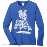 Caffeinated Skeleton Messy Bun Coffee Lover Skull Halloween Gift Women's Long Sleeve Shirt thumb 0