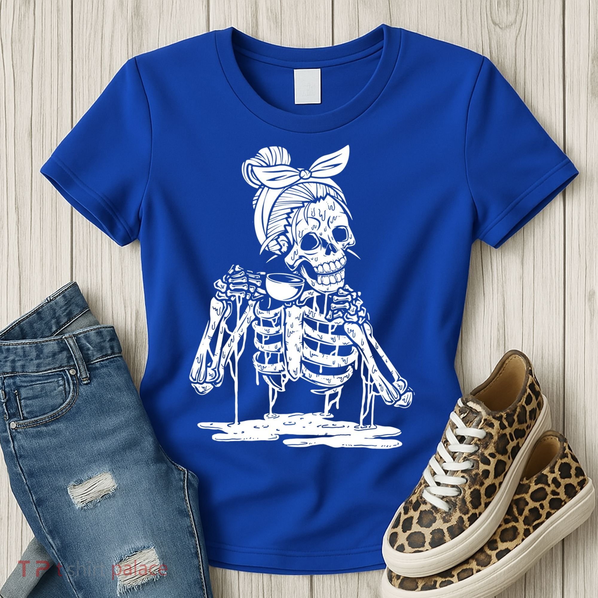 Caffeinated Skeleton Messy Bun Coffee Lover Skull Halloween Gift Women's T-Shirt
