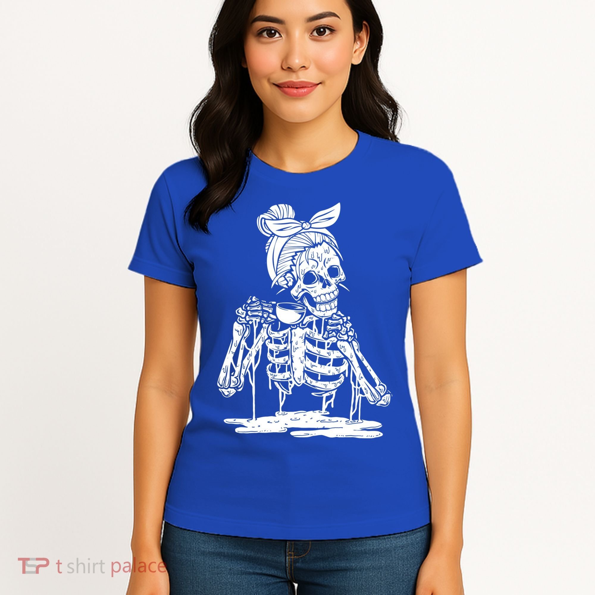 Caffeinated Skeleton Messy Bun Coffee Lover Skull Halloween Gift Women's T-Shirt