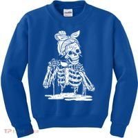 Caffeinated Skeleton Messy Bun Coffee Lover Skull Halloween Gift Kids Sweatshirt thumb 0