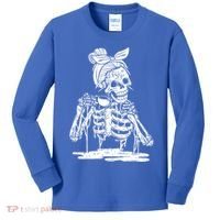 Caffeinated Skeleton Messy Bun Coffee Lover Skull Halloween Gift Kids Long Sleeve Shirt thumb 0