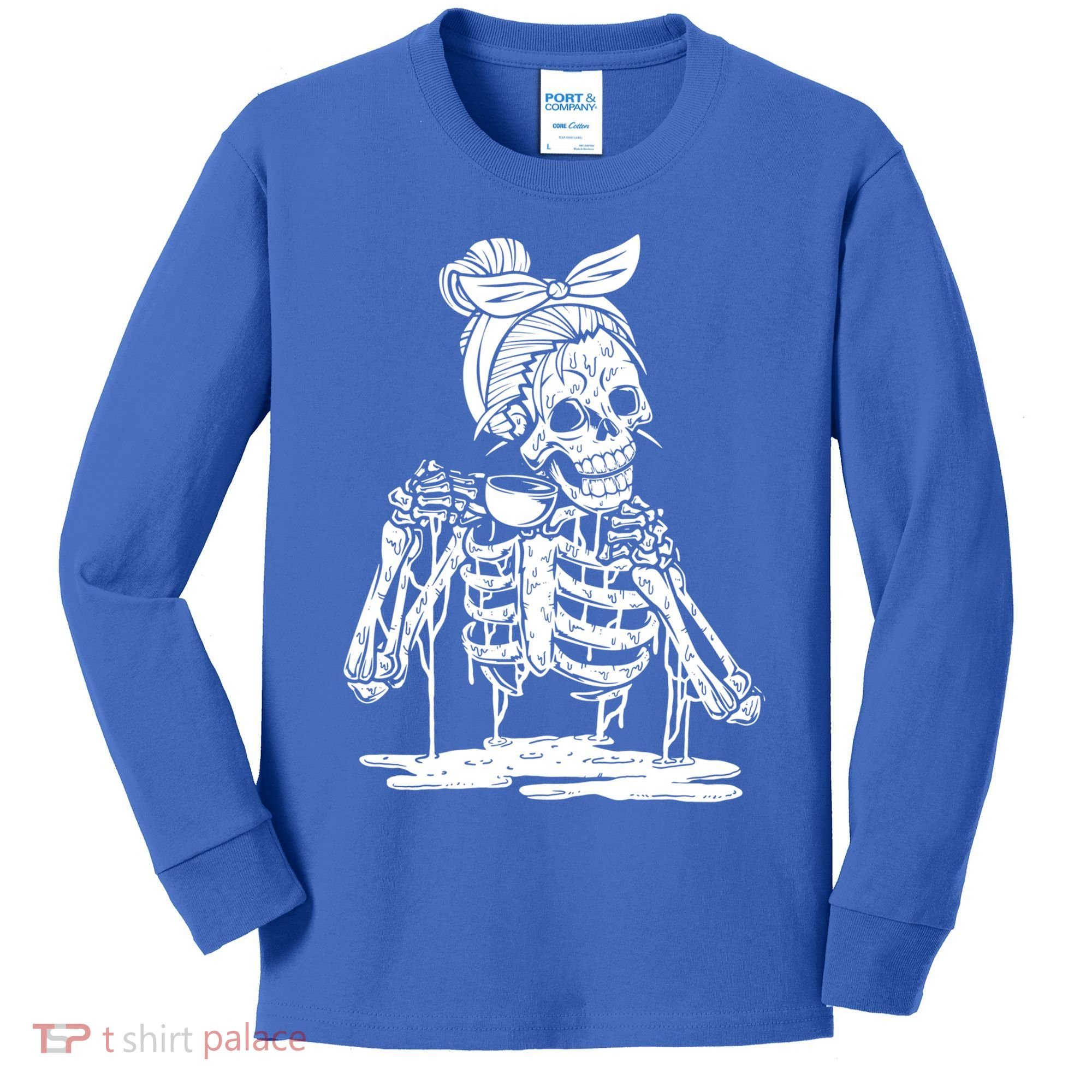 Caffeinated Skeleton Messy Bun Coffee Lover Skull Halloween Gift Kids Long Sleeve Shirt