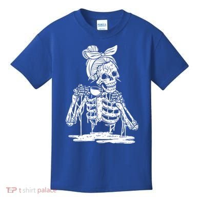 Caffeinated Skeleton Messy Bun Coffee Lover Skull Halloween Gift Kids T-Shirt