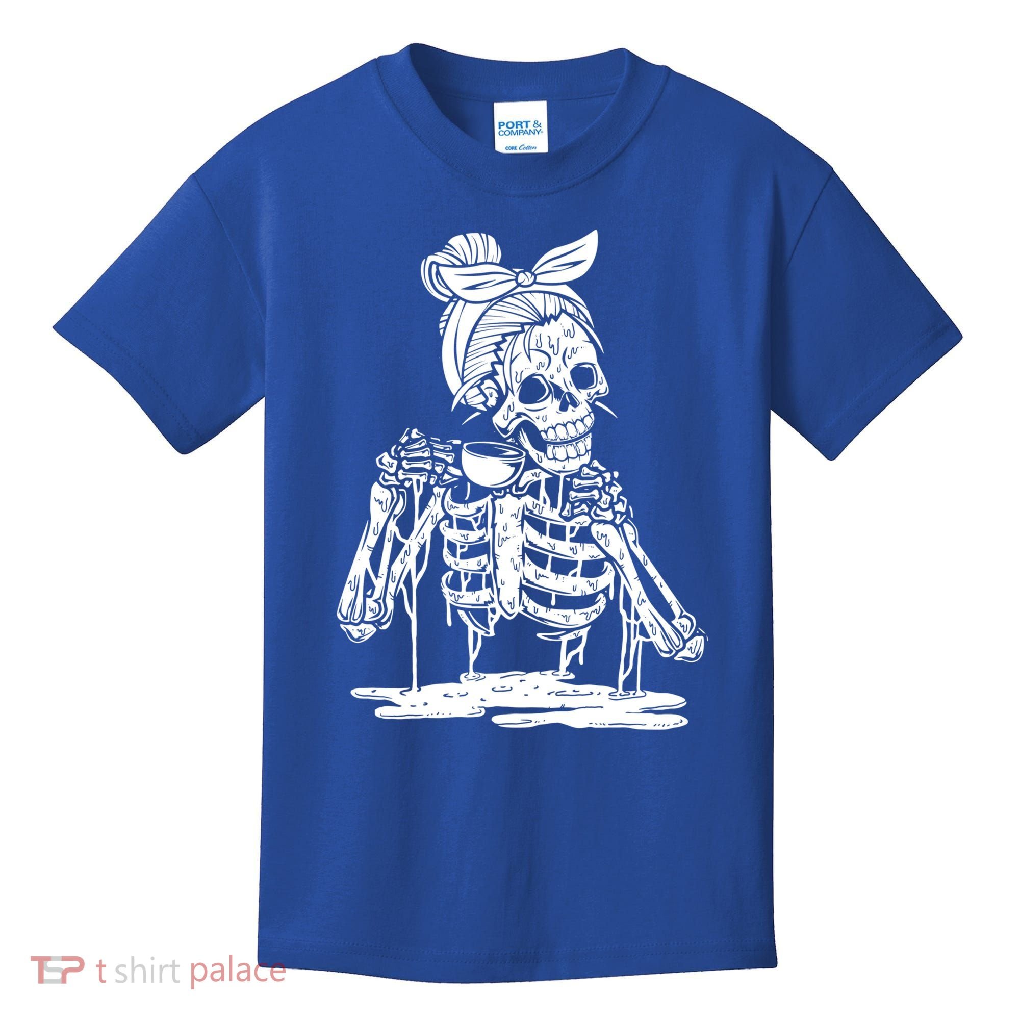 Caffeinated Skeleton Messy Bun Coffee Lover Skull Halloween Gift Kids T-Shirt