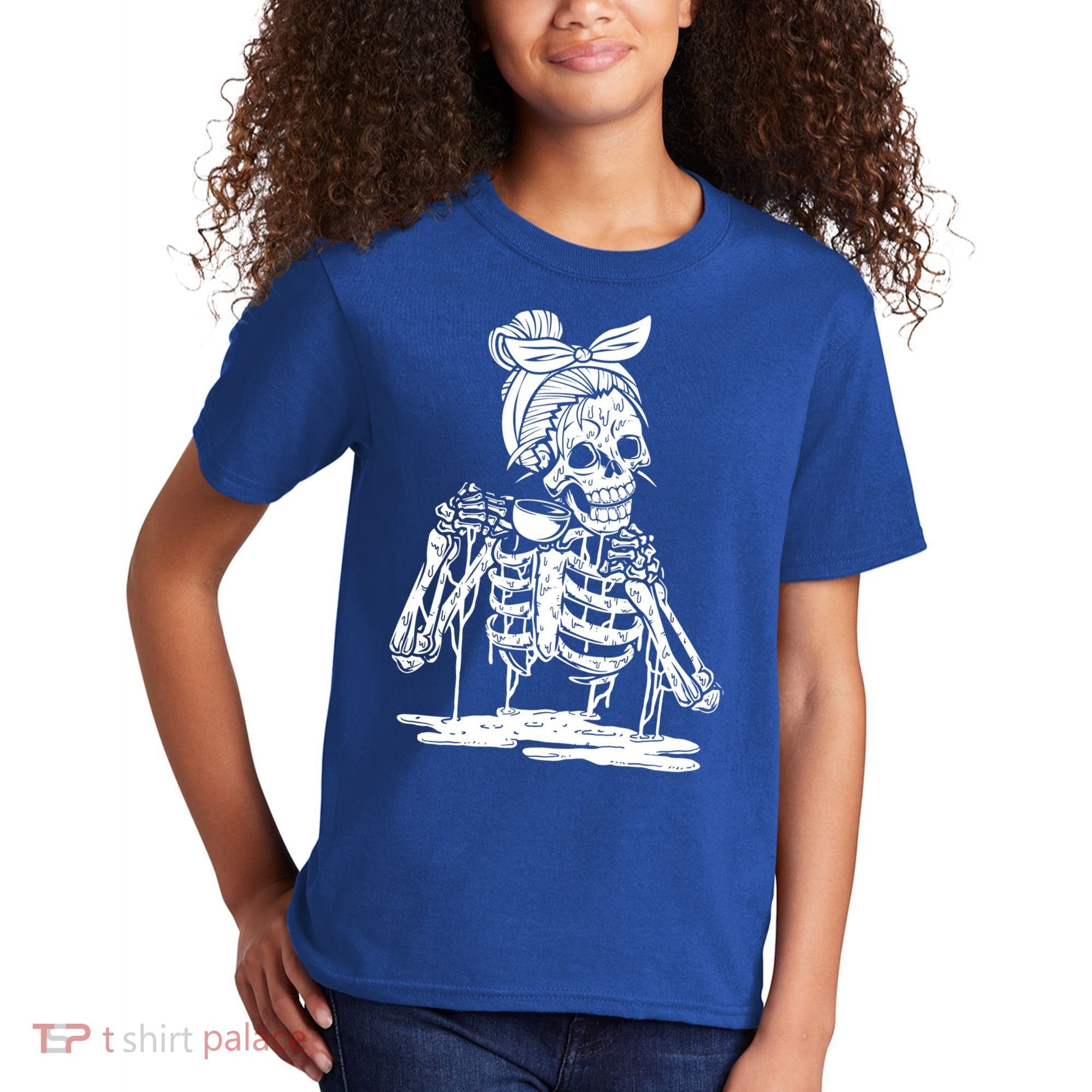 Caffeinated Skeleton Messy Bun Coffee Lover Skull Halloween Gift Kids T-Shirt