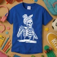 Caffeinated Skeleton Messy Bun Coffee Lover Skull Halloween Gift Kids T-Shirt thumb 3
