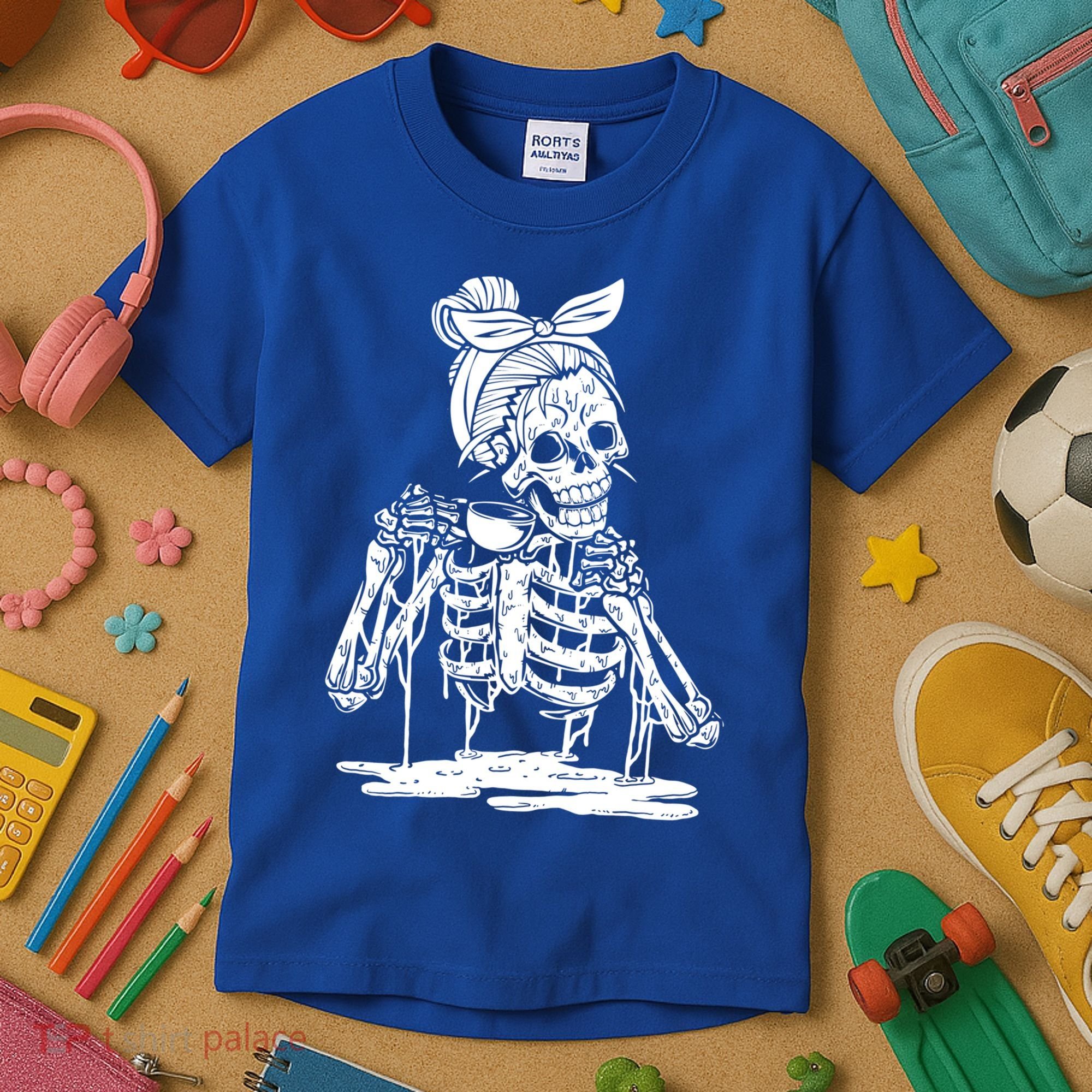 Caffeinated Skeleton Messy Bun Coffee Lover Skull Halloween Gift Kids T-Shirt