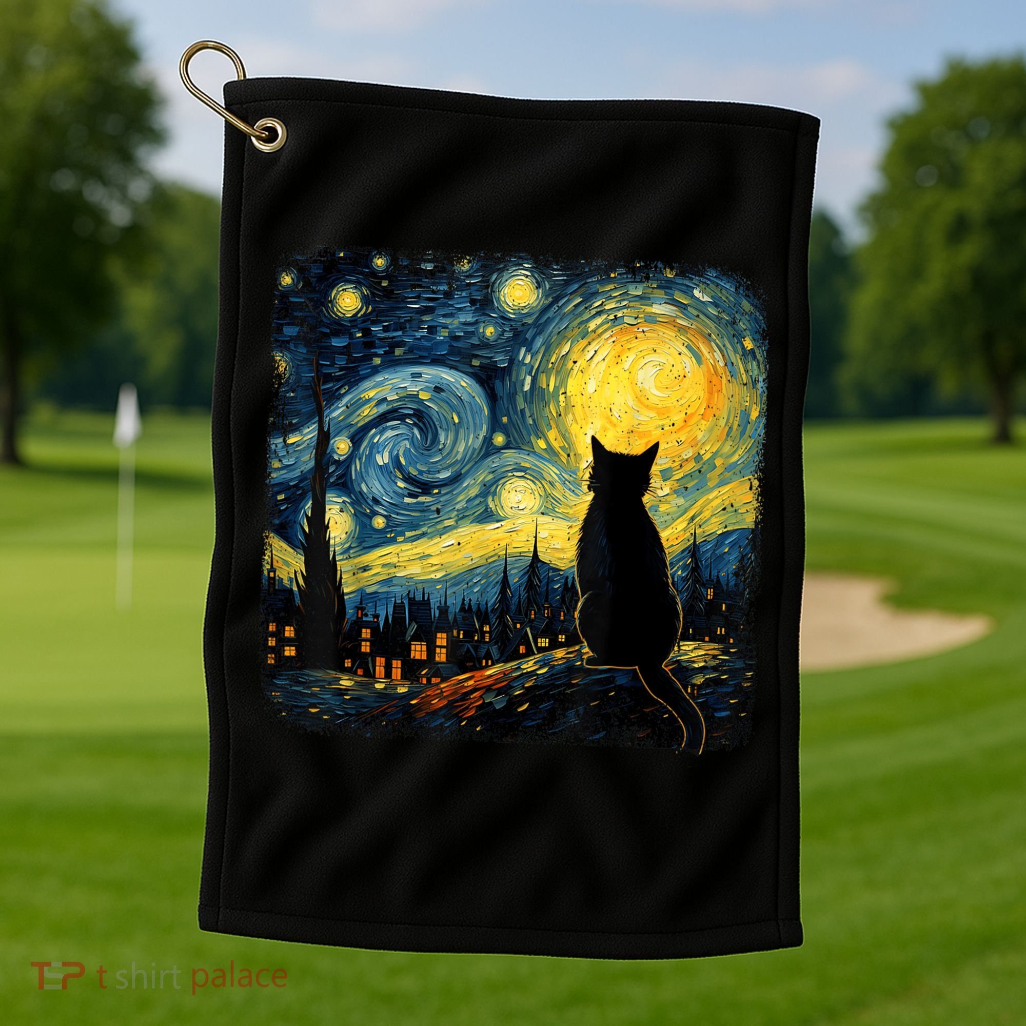 Cat Starry Night Van Gogh Cat For Cat Lover Cat Mom Cat Dad Golf Towel