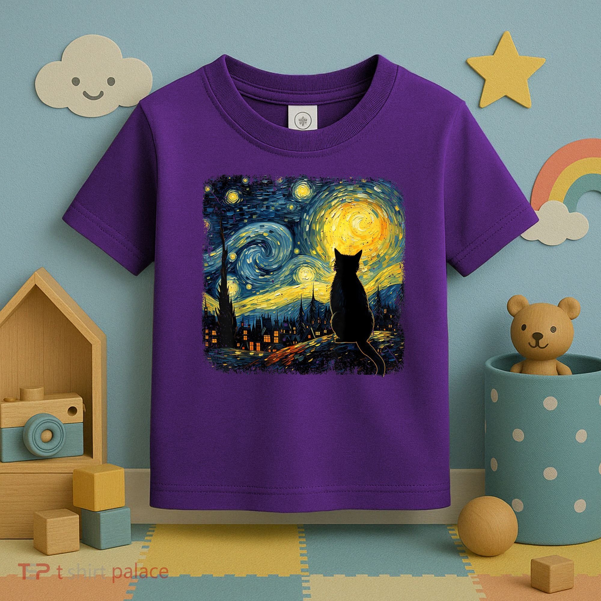 Cat Starry Night Van Gogh Cat For Cat Lover Cat Mom Cat Dad Toddler T-Shirt