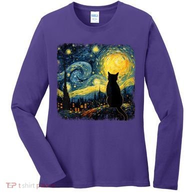 Cat Starry Night Van Gogh Cat For Cat Lover Cat Mom Cat Dad Women's Long Sleeve Shirt