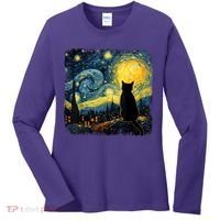 Cat Starry Night Van Gogh Cat For Cat Lover Cat Mom Cat Dad Women's Long Sleeve Shirt thumb 0