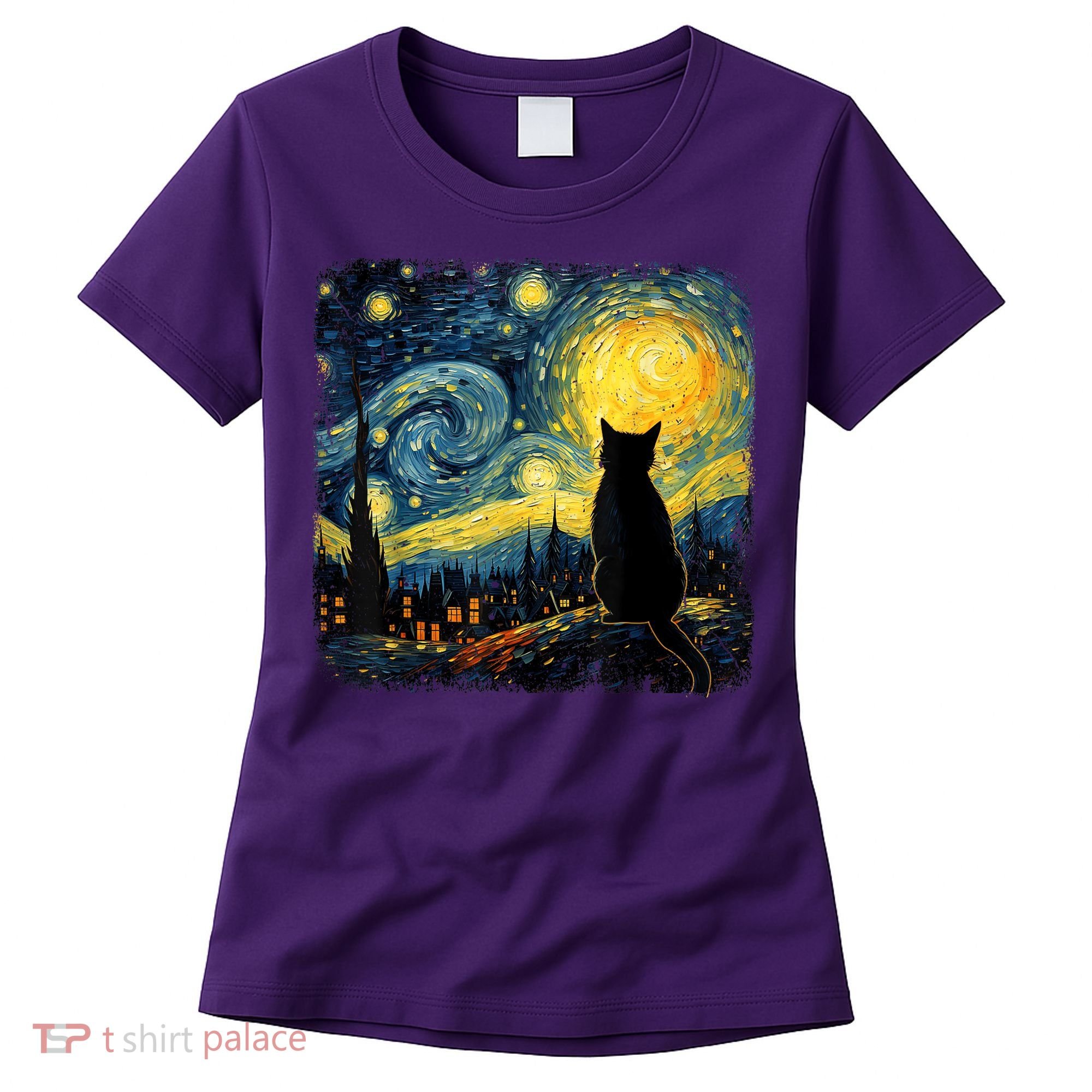 Cat Starry Night Van Gogh Cat For Cat Lover Cat Mom Cat Dad Women's T-Shirt