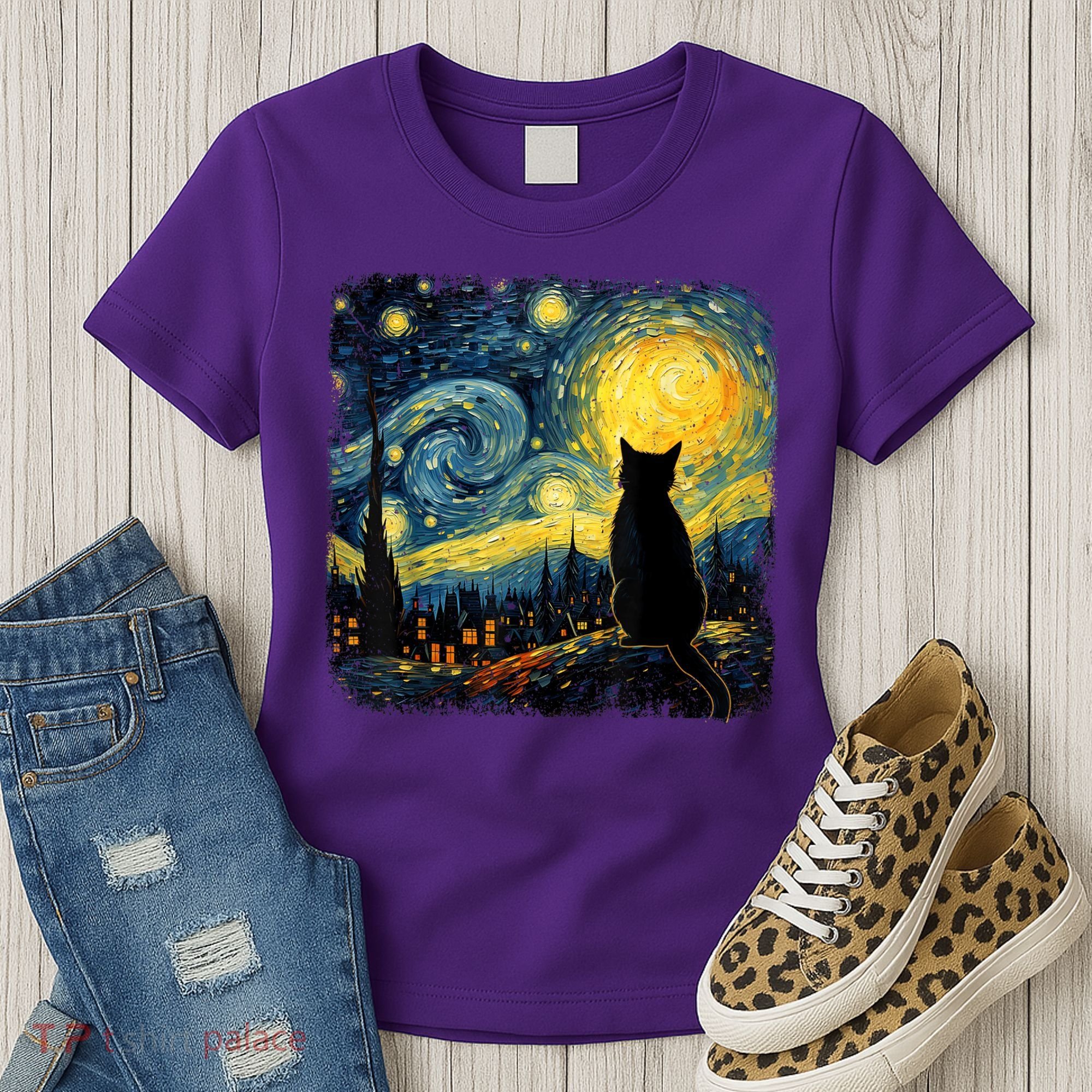 Cat Starry Night Van Gogh Cat For Cat Lover Cat Mom Cat Dad Women's T-Shirt