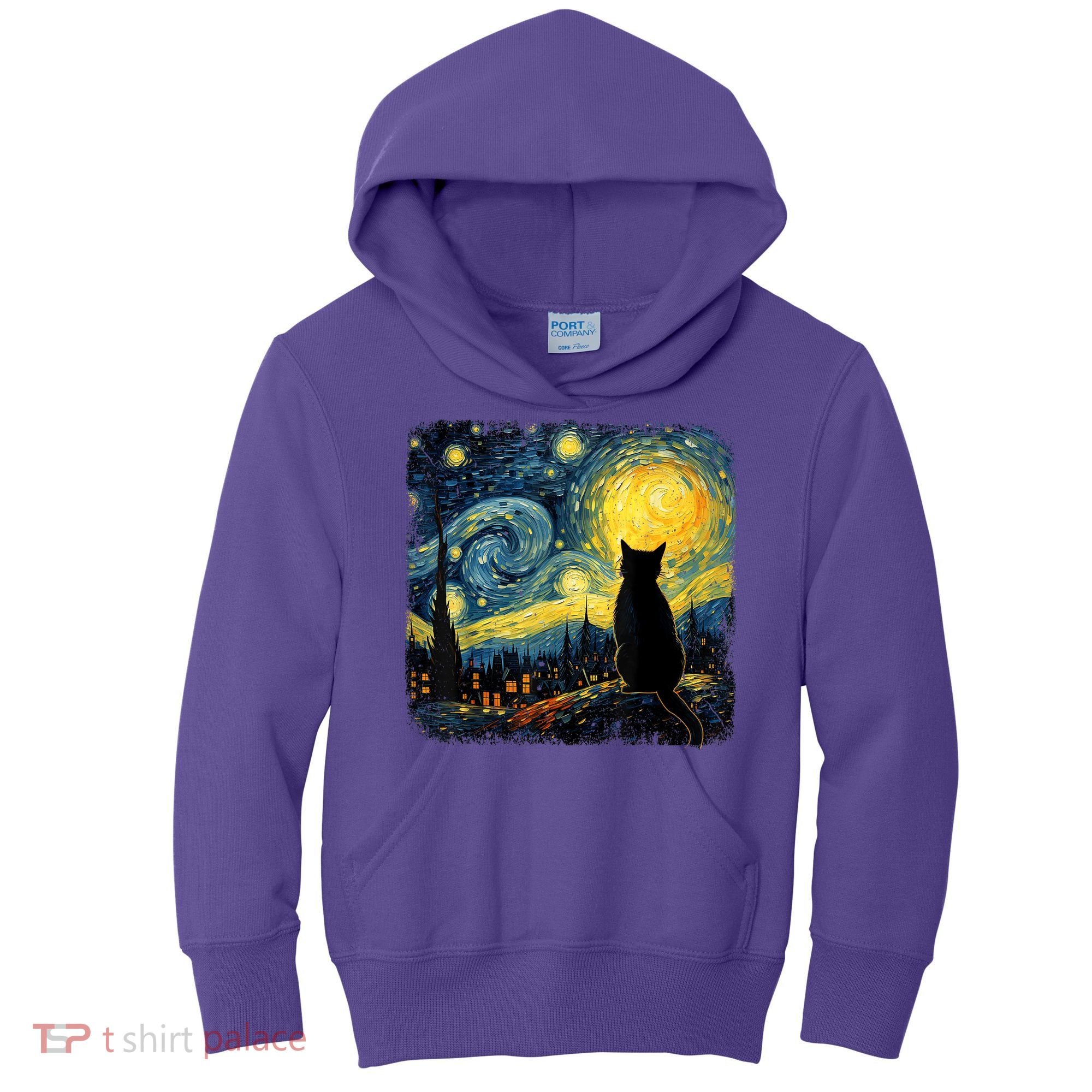 Cat Starry Night Van Gogh Cat For Cat Lover Cat Mom Cat Dad Kids Hoodie