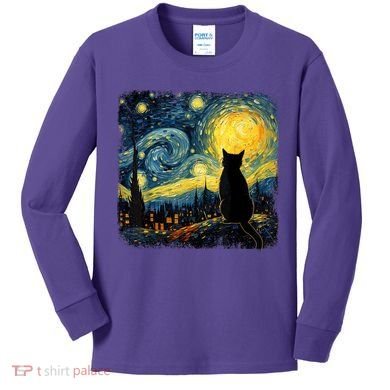 Cat Starry Night Van Gogh Cat For Cat Lover Cat Mom Cat Dad Kids Long Sleeve Shirt