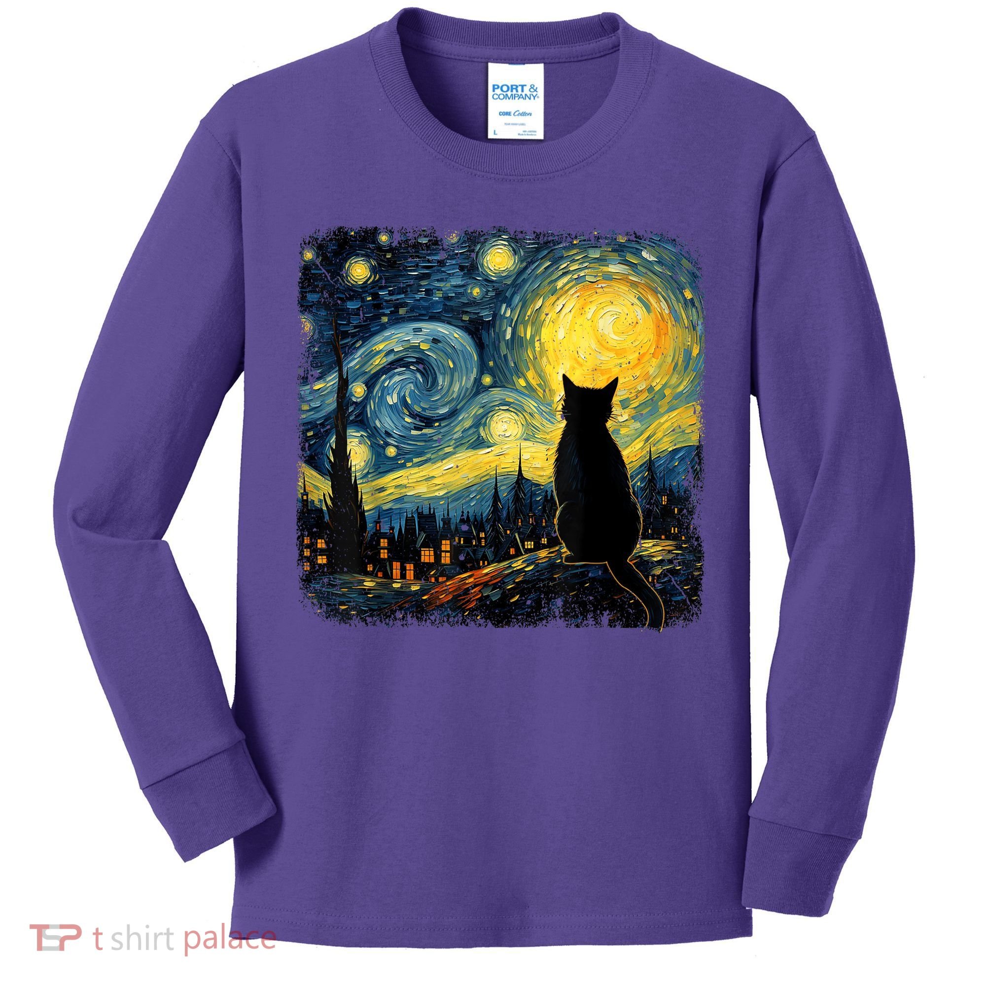 Cat Starry Night Van Gogh Cat For Cat Lover Cat Mom Cat Dad Kids Long Sleeve Shirt