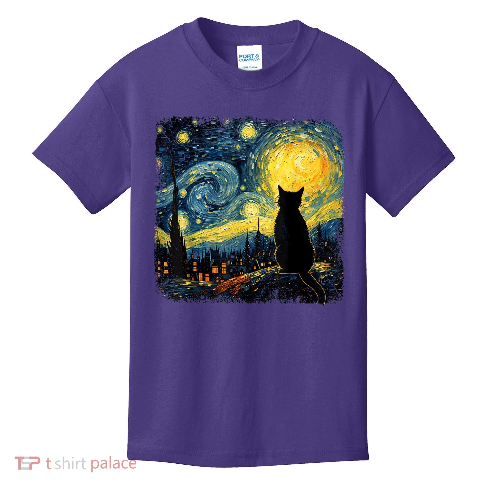 Cat Starry Night Van Gogh Cat For Cat Lover Cat Mom Cat Dad Kids T-Shirt