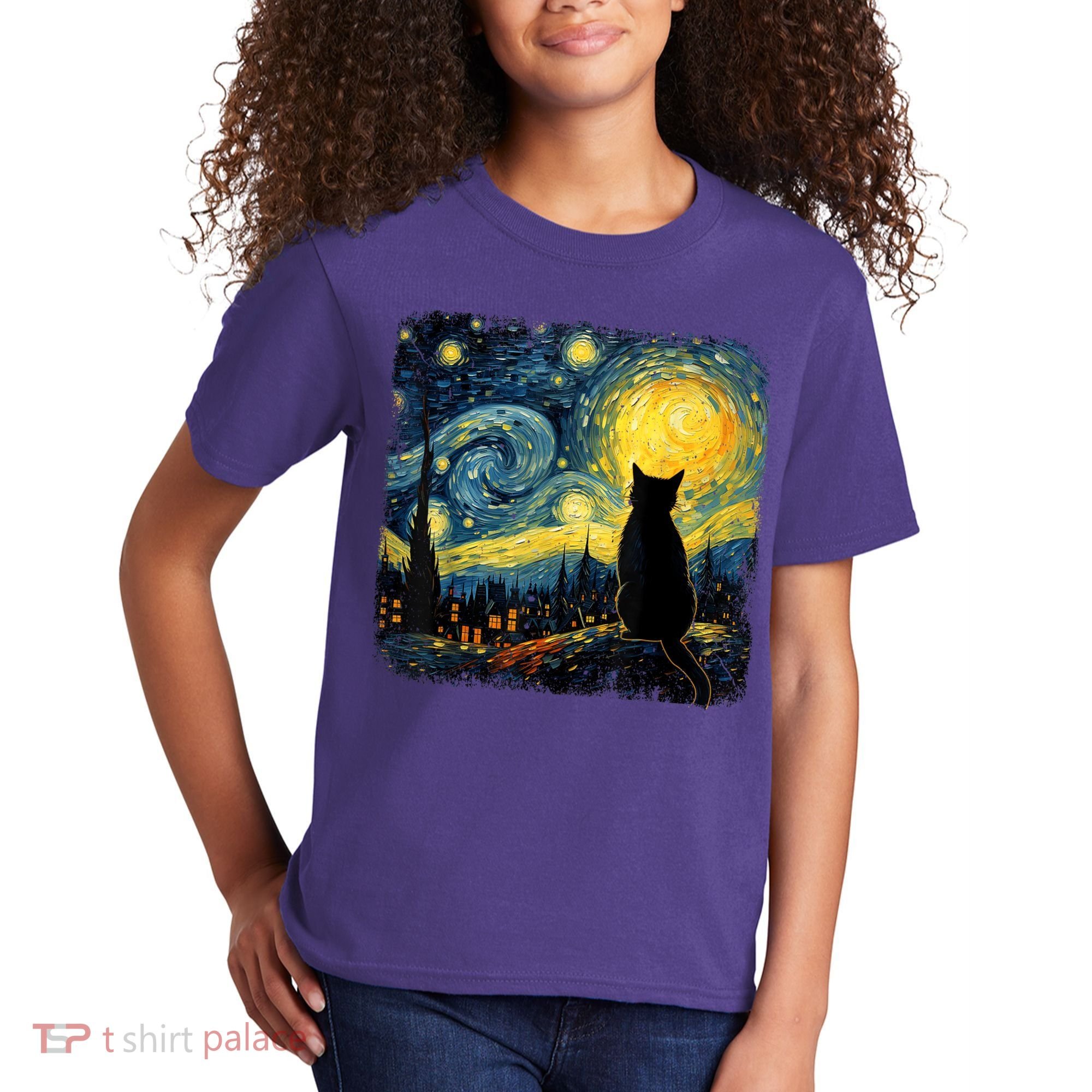 Cat Starry Night Van Gogh Cat For Cat Lover Cat Mom Cat Dad Kids T-Shirt