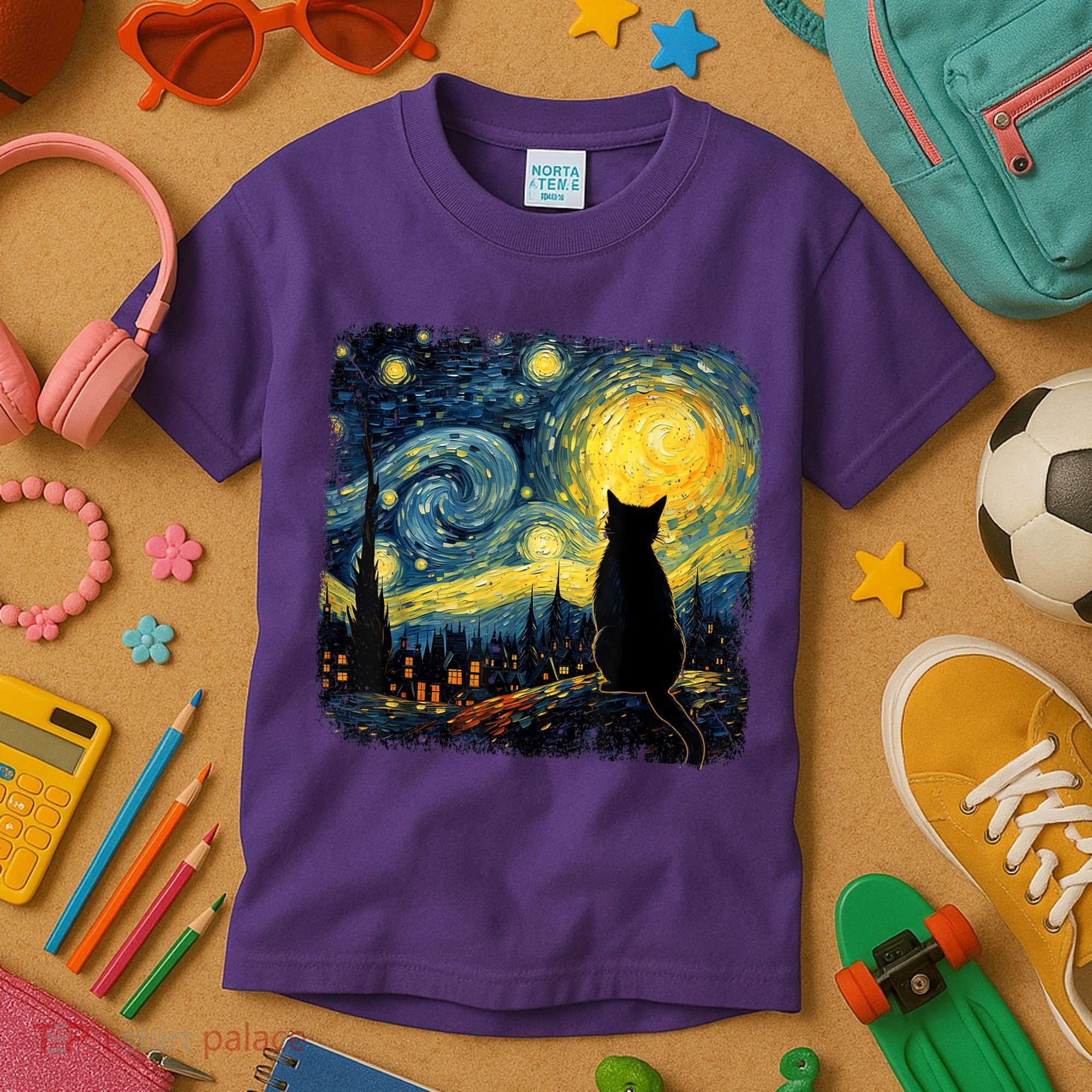 Cat Starry Night Van Gogh Cat For Cat Lover Cat Mom Cat Dad Kids T-Shirt
