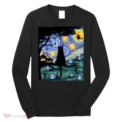 Cat , Scary Night Cat Tee, Van Gogh Gift, Halloween Long Sleeve Shirt