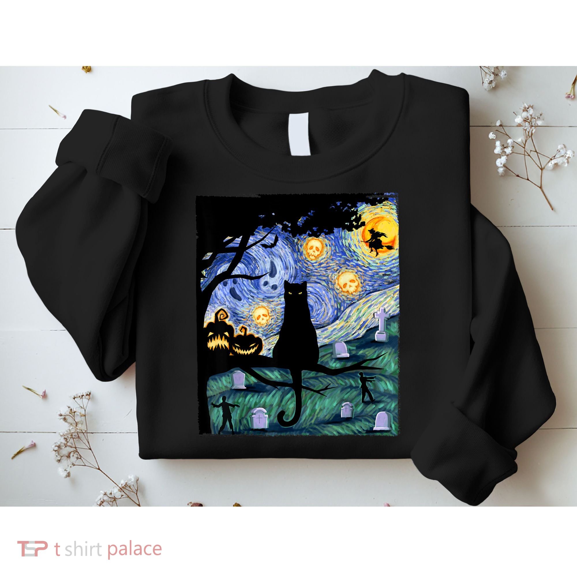 Cat , Scary Night Cat Tee, Van Gogh Gift, Halloween Sweatshirt
