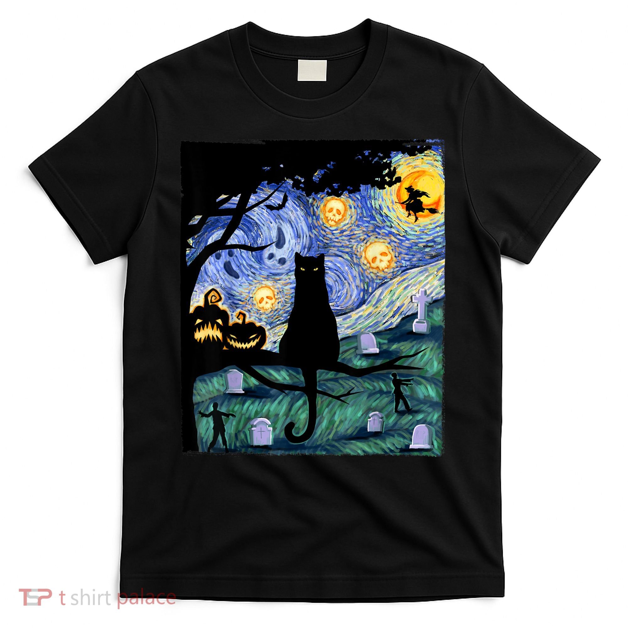 Cat , Scary Night Cat Tee, Van Gogh Gift, Halloween T-Shirt