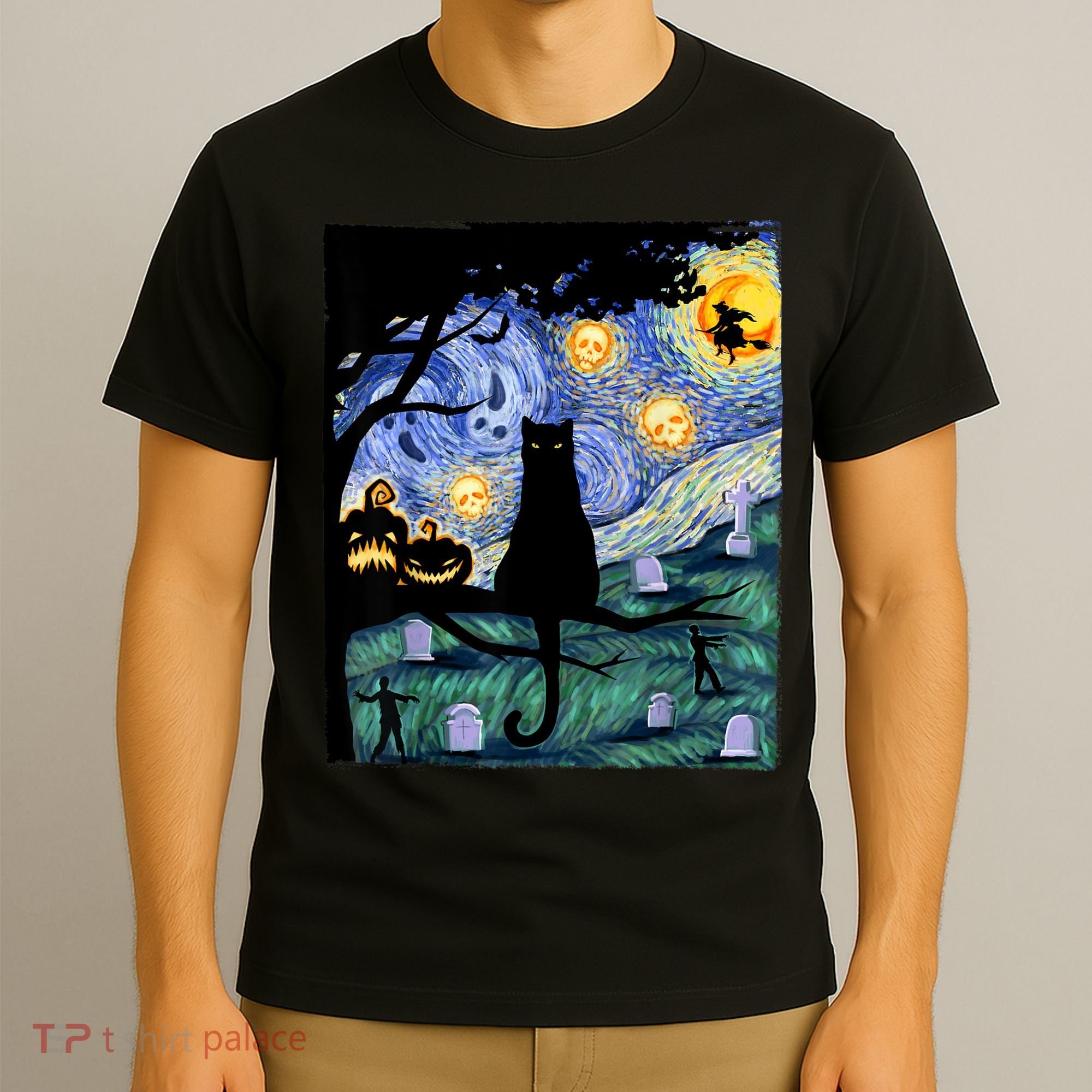 Cat , Scary Night Cat Tee, Van Gogh Gift, Halloween T-Shirt