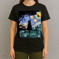 Cat , Scary Night Cat Tee, Van Gogh Gift, Halloween T-Shirt thumb 4