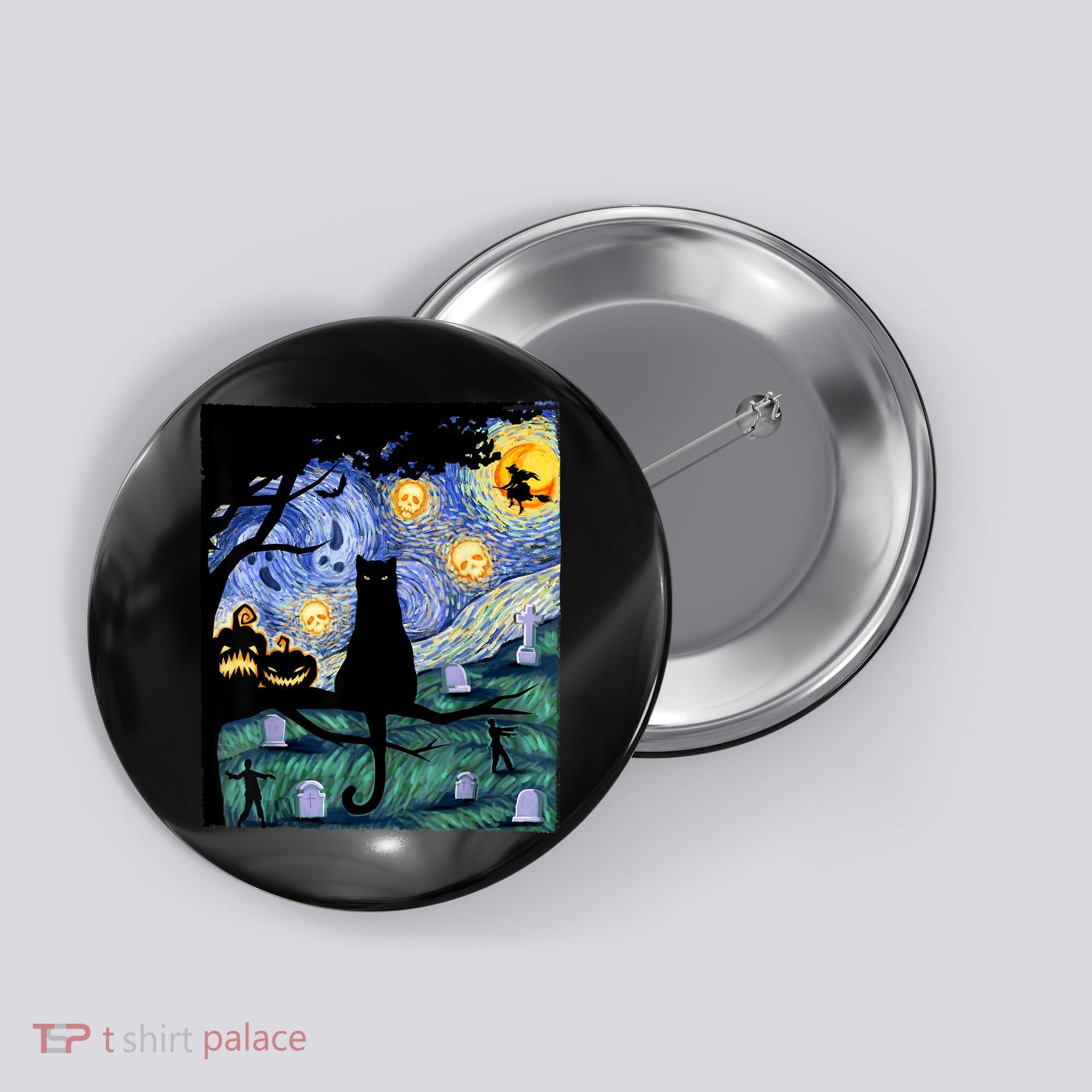 Cat , Scary Night Cat Tee, Van Gogh Gift, Halloween Button