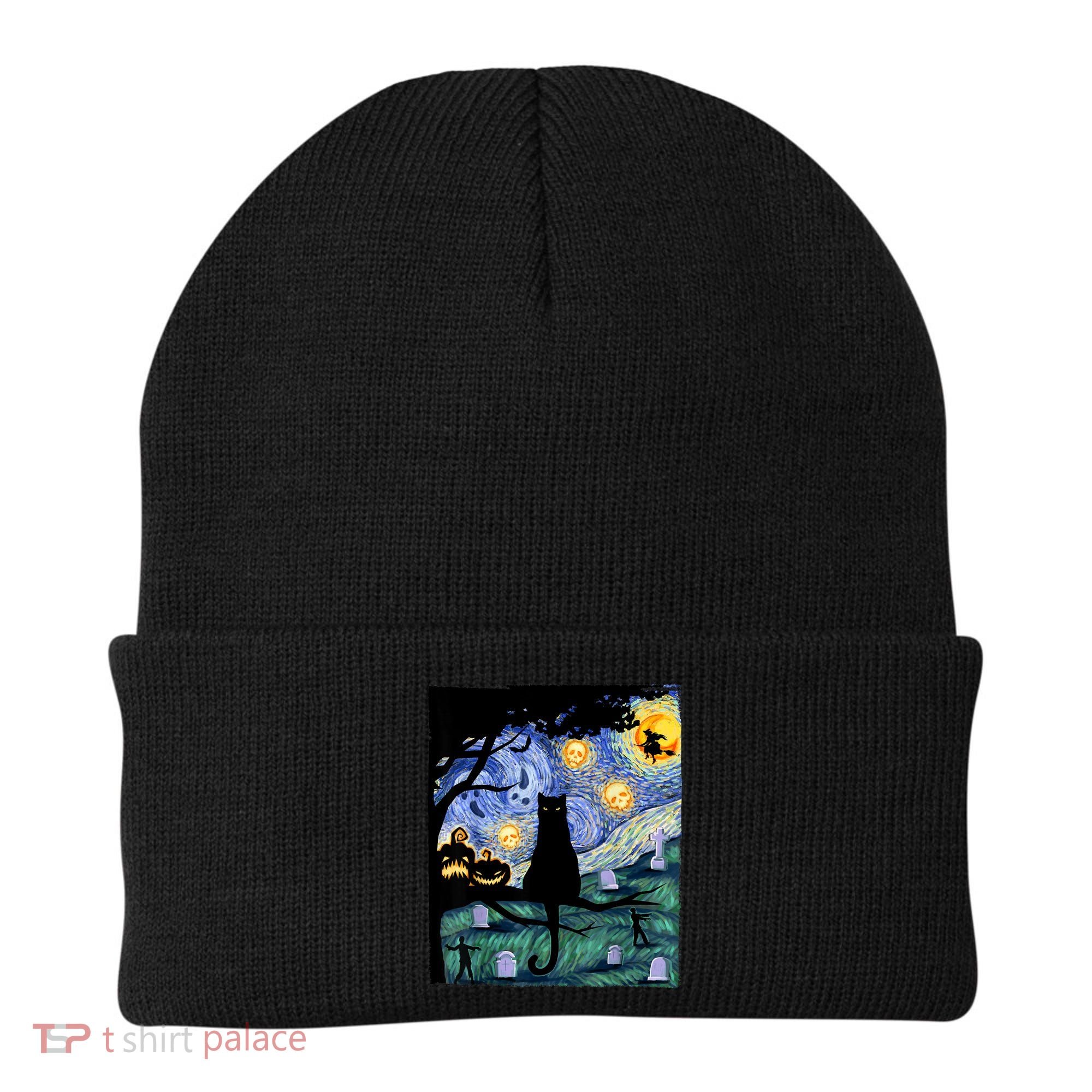 Cat , Scary Night Cat Tee, Van Gogh Gift, Halloween Beanie