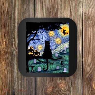 Cat , Scary Night Cat Tee, Van Gogh Gift, Halloween Coaster