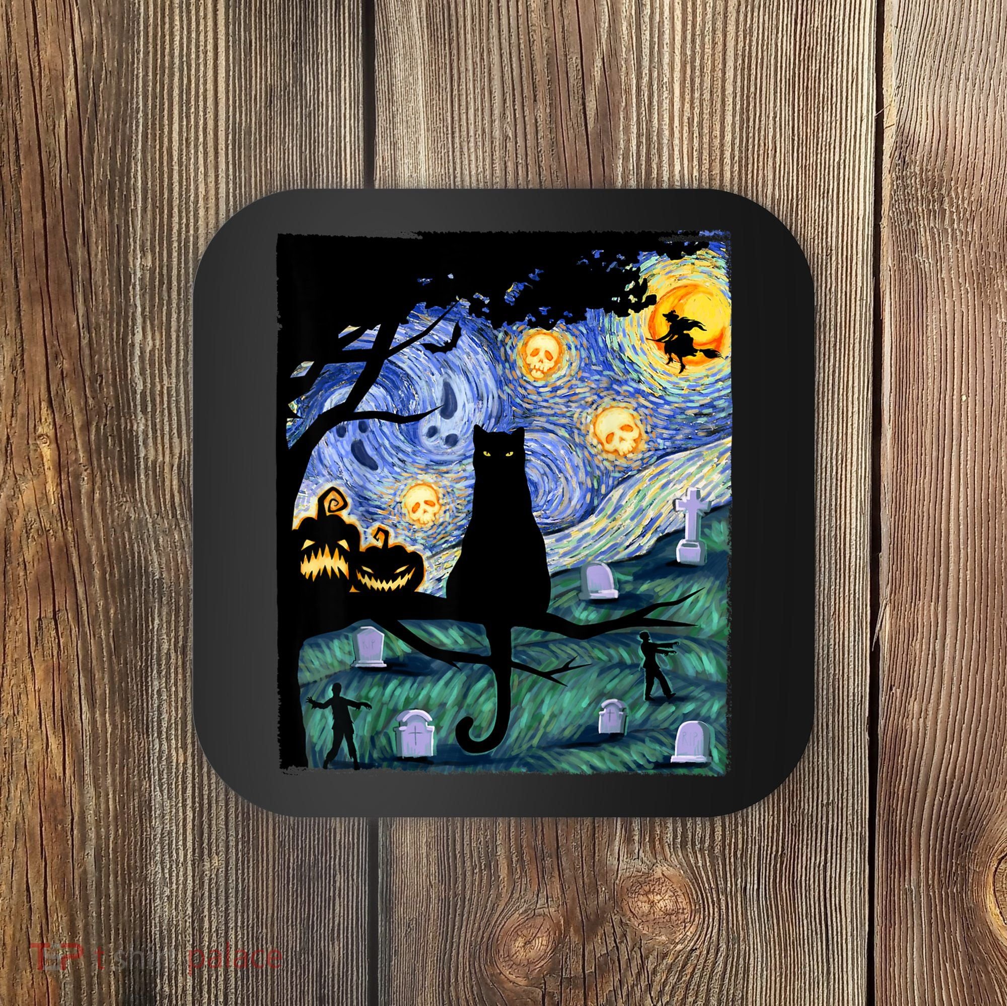 Cat , Scary Night Cat Tee, Van Gogh Gift, Halloween Coaster