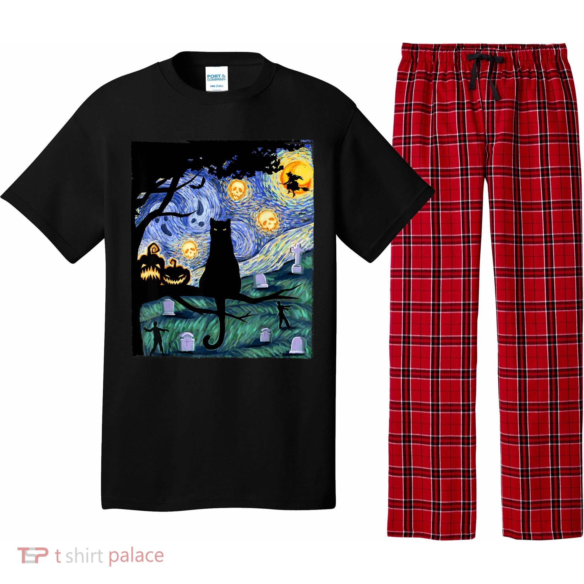 Cat , Scary Night Cat Tee, Van Gogh Gift, Halloween Pajama Set