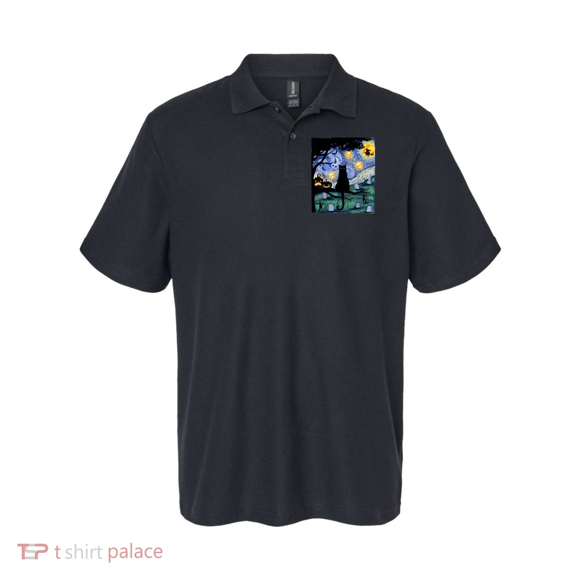 Cat , Scary Night Cat Tee, Van Gogh Gift, Halloween Polo