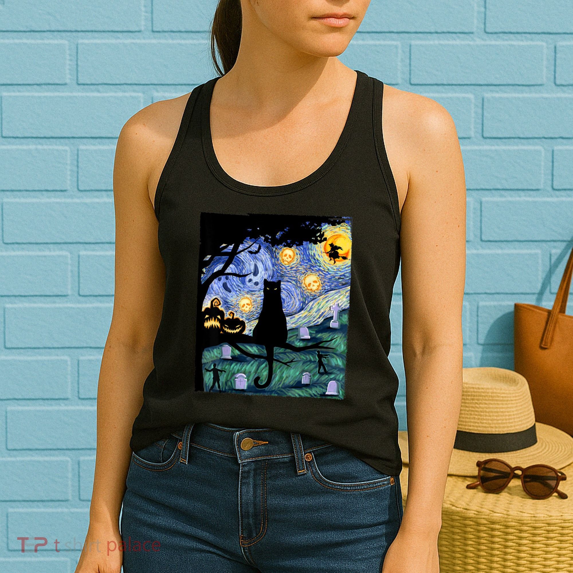 Cat , Scary Night Cat Tee, Van Gogh Gift, Halloween Women's Tank Top