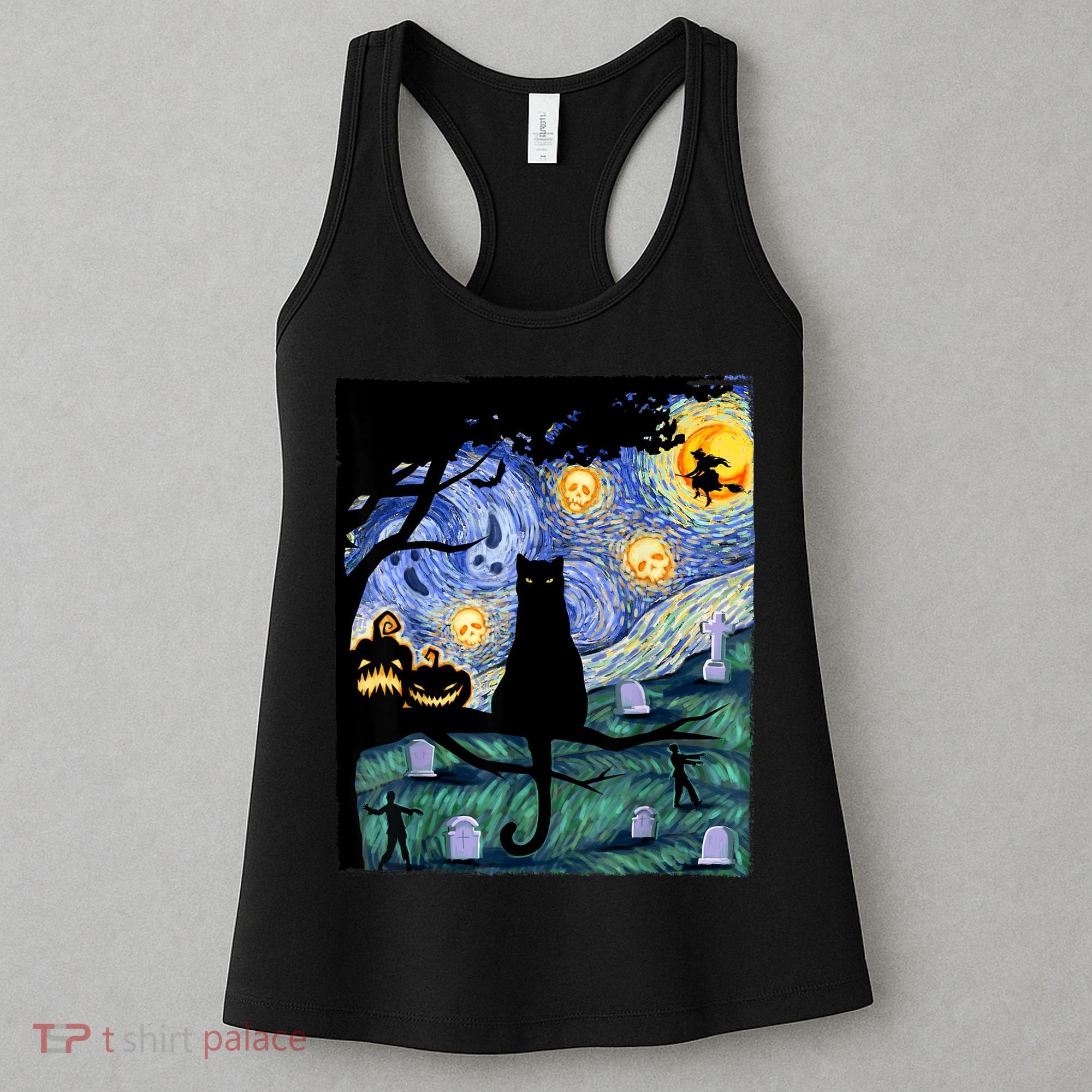 Cat , Scary Night Cat Tee, Van Gogh Gift, Halloween Women's Tank Top