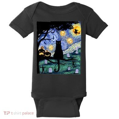 Cat , Scary Night Cat Tee, Van Gogh Gift, Halloween Baby Bodysuit
