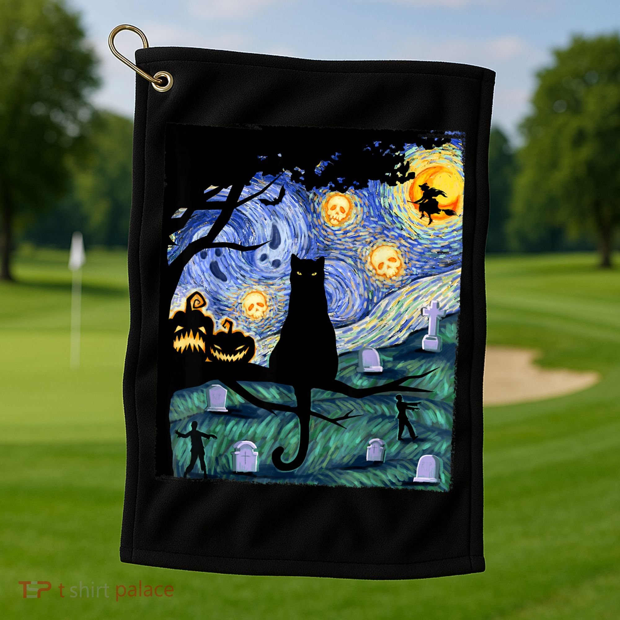 Cat , Scary Night Cat Tee, Van Gogh Gift, Halloween Golf Towel