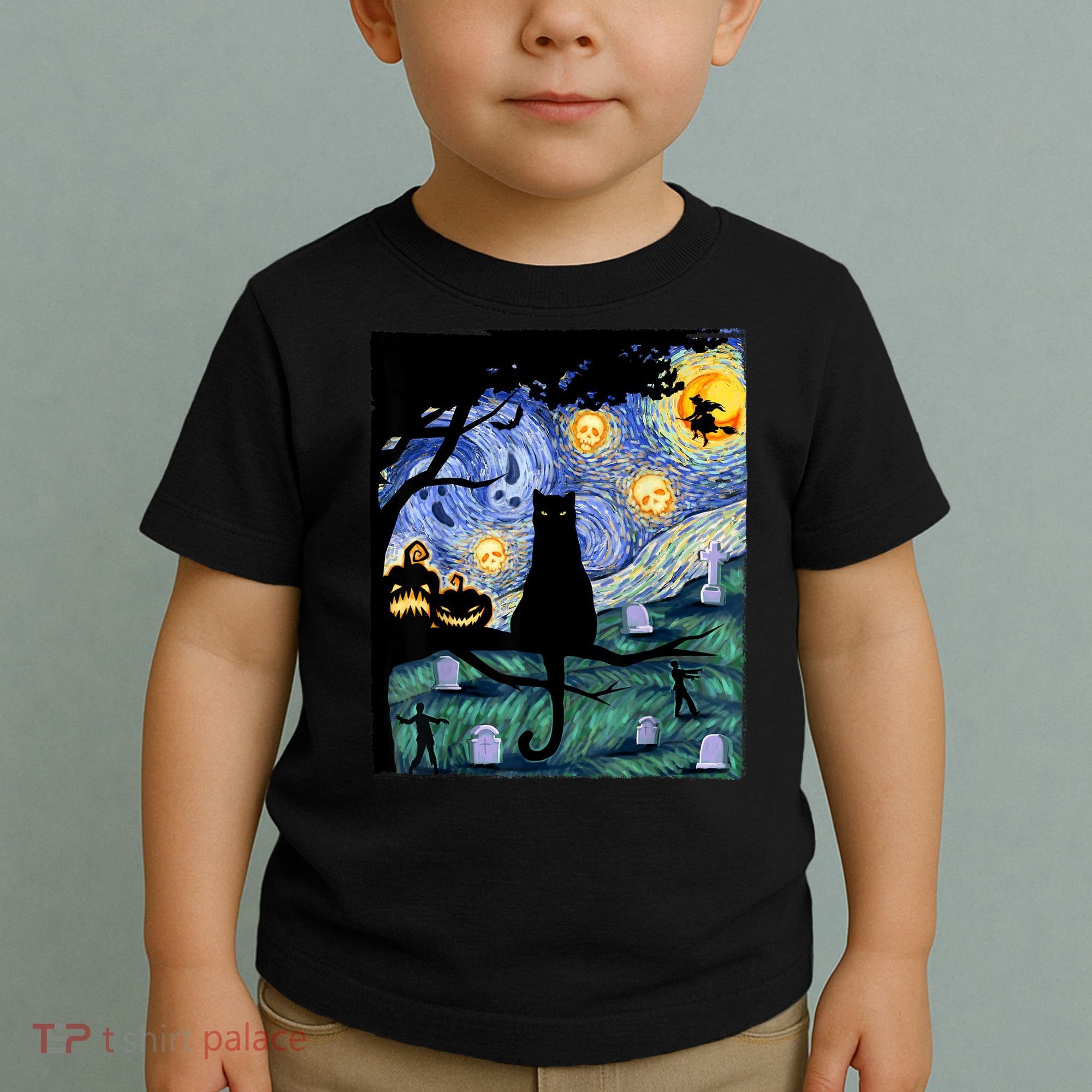Cat , Scary Night Cat Tee, Van Gogh Gift, Halloween Toddler T-Shirt