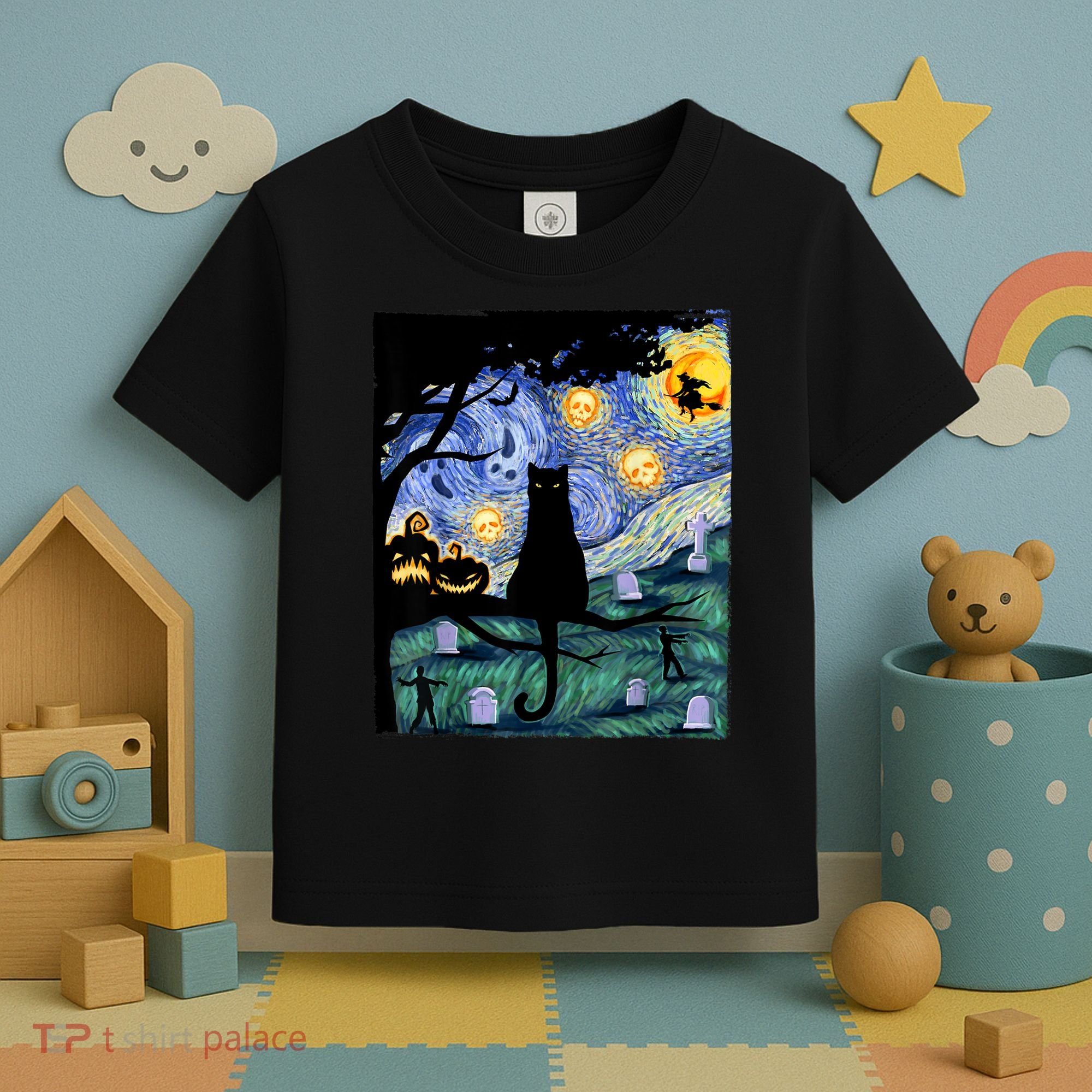 Cat , Scary Night Cat Tee, Van Gogh Gift, Halloween Toddler T-Shirt