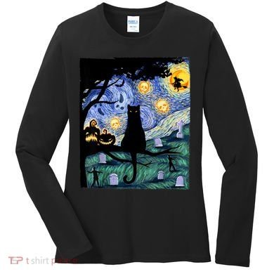 Cat , Scary Night Cat Tee, Van Gogh Gift, Halloween Women's Long Sleeve Shirt