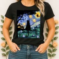 Cat , Scary Night Cat Tee, Van Gogh Gift, Halloween Women's T-Shirt thumb 2