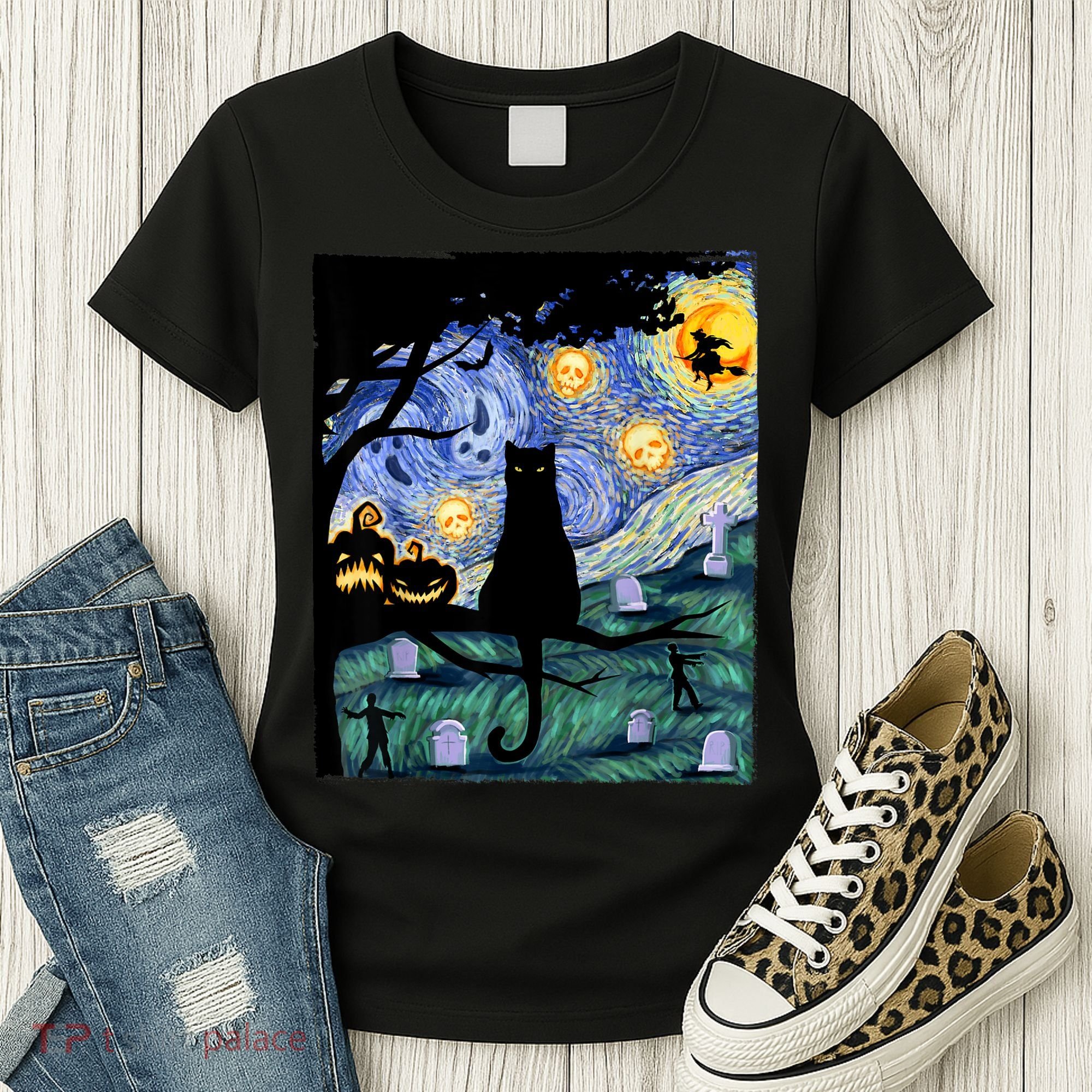 Cat , Scary Night Cat Tee, Van Gogh Gift, Halloween Women's T-Shirt