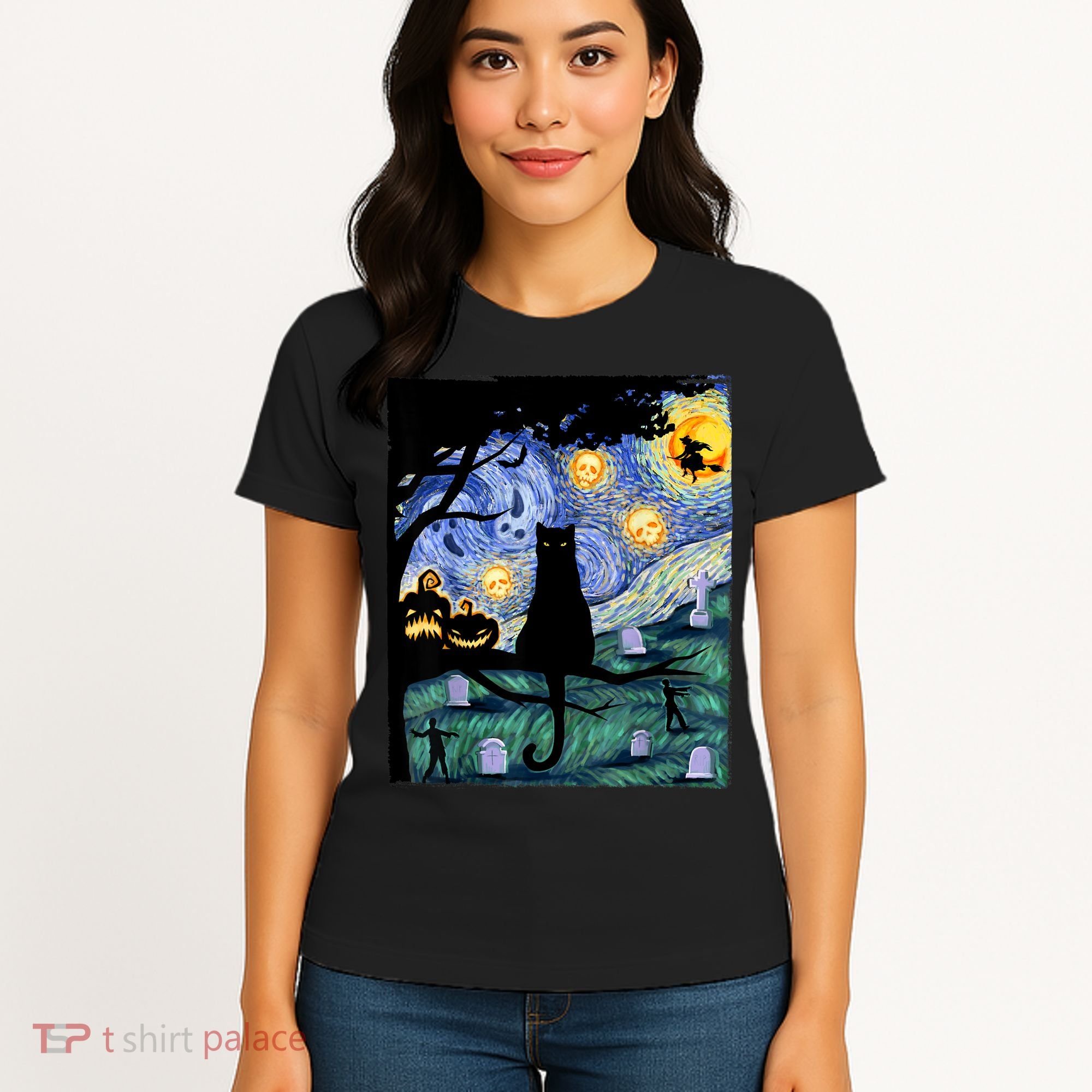 Cat , Scary Night Cat Tee, Van Gogh Gift, Halloween Women's T-Shirt