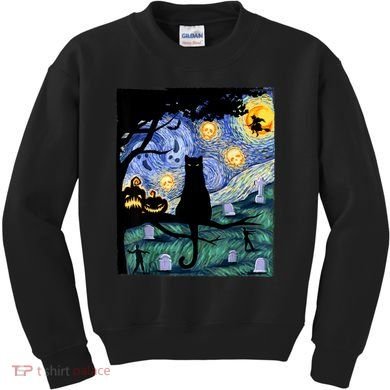 Cat , Scary Night Cat Tee, Van Gogh Gift, Halloween Kids Sweatshirt